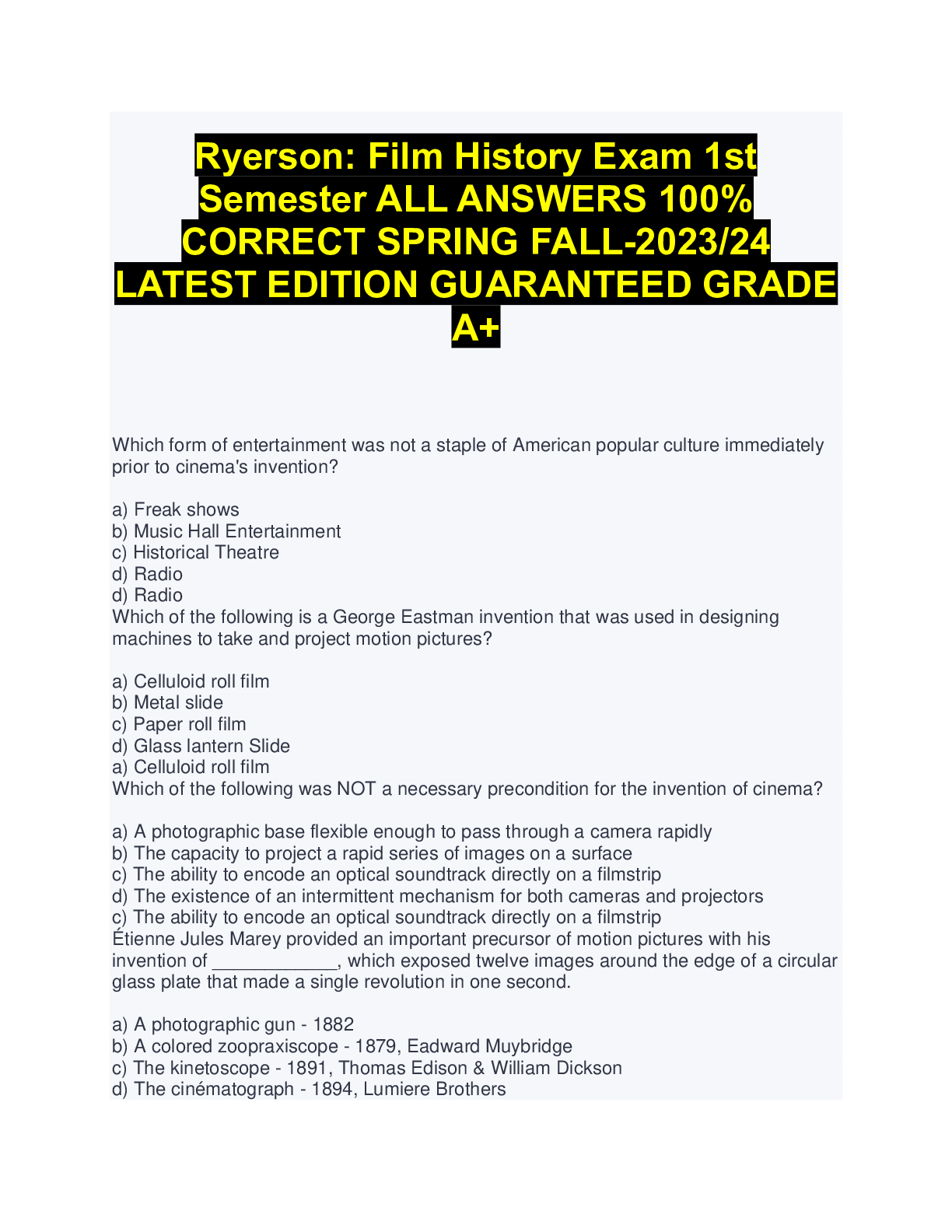 Preview image for Ryerson: Film History Exam 1st Semester ALL ANSWERS 100% CORRECT SPRING FALL-2023/24 LATEST EDITION GUARANTEED GRADE A+